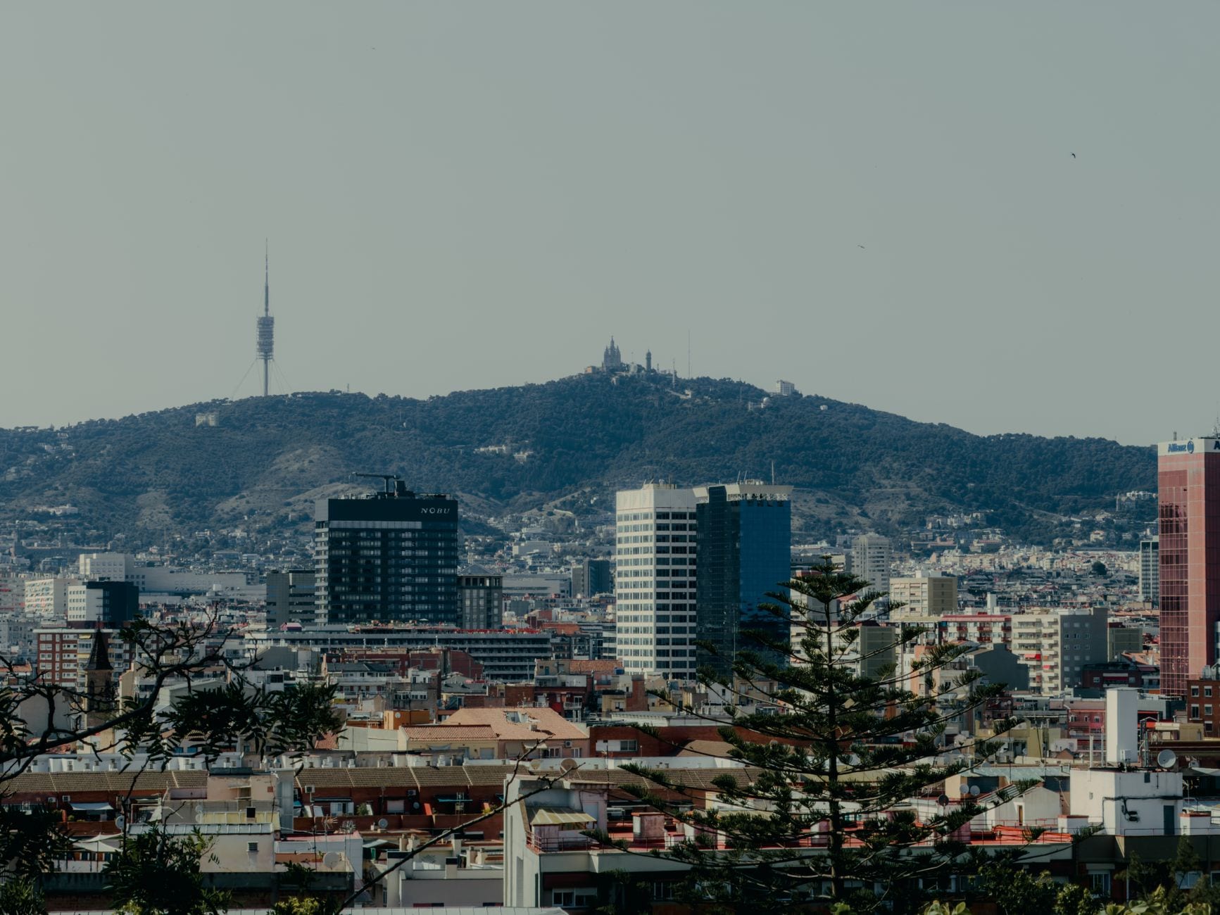 Scenic view of Barcelona skyline featuring Tibidabo Mountain and Collserola Tower.